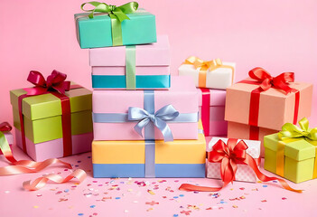 Fototapeta premium Stacked gift boxes with colorful ribbons and bows on a pink background festive celebration