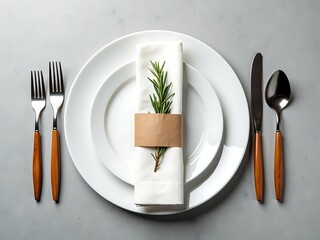 Elegant table setting with white plates silverware and rosemary for special occasions and dining 
