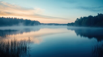 Fototapeta premium Serene Sunrise over Misty Lake
