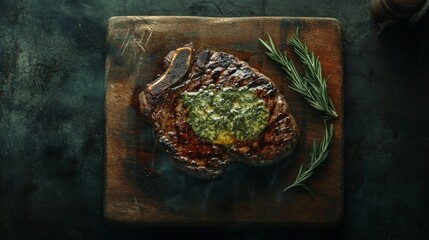 juicy grilled ribeye steak with melting herb butter, served on rustic wooden board, rosemary garnish, moody top-down lighting, high-protein zero-carb dish, 16:9