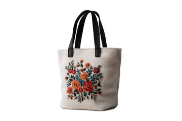 Beige tote bag with floral embroidery isolated on transparent background