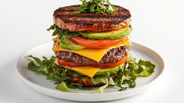 deluxe bunless burger stack, grilled beef patty, cheddar cheese, sliced avocado, tomato and lettuce layers, clean white plate, bright keto-friendly food styling, 16:9