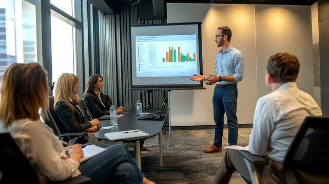 Meeting Presenter explains data insights to attentive audience