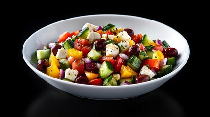 fresh Greek salad with diced cucumbers, tomatoes, kalamata olives, red onion, feta cubes, drizzled with olive oil, served in white bowl, crisp studio lighting