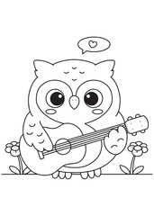 Coloring book owl cutely playing an acoustic guitar