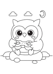 Coloring book owl happily playing video games with a controller,