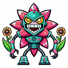 Crazy  Flower Robot in tech Gamer design and bold line black , white background ,full  color