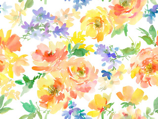 PNG Seamless pattern of abstract watercolor orange peonies and wildflowers. Hand-drawn autumn-colored botanical textile design with transparent background. Floral wallpaper.