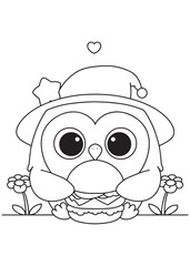 Coloring book owl wearing a festive party hat with a star, happily holding a delicious burger