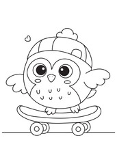 Coloring book owl wearing a cozy beanie, playfully riding a skateboard 