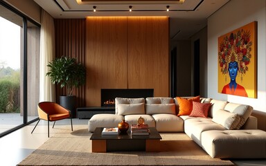African style interior. Modern living room in luxury house with ethnic decor. High quality