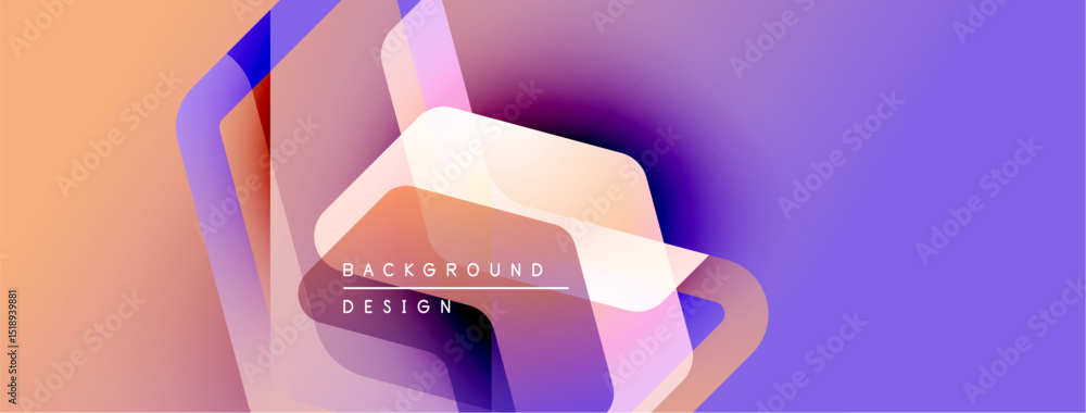 Poster abstract geometric shapes blend vibrant orange, purple hues. modern design elements create dynamic v
