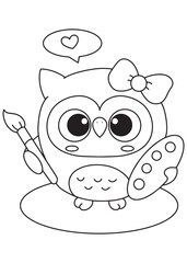 Coloring book owl with a big bow, holding a paintbrush and palette