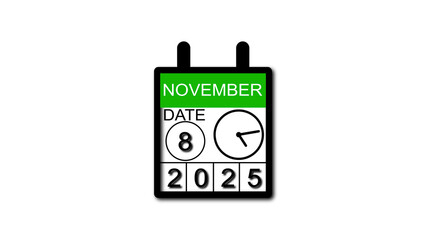 4K calendar animation November date 8 2025 illustration . black background clean and stunning 4k illustration .