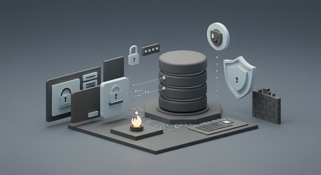 Database server icon represents digital security infrastructure with protective shields and firewall elements in a modern 3D conceptual style.