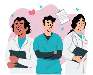 Healthcare Professionals United in Patient Care. medical professionals. doctors and nurses. health workers. carton doctor