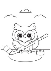 Coloring book owl in a hockey helmet, holding a stick beside a puck, ready to score