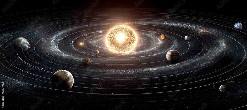 Aufkleber planetary solar system with sun and planets. science galaxy astronomy education. generative ai techn