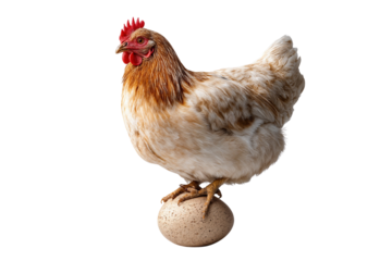 Brown hen standing on a speckled egg, isolated on transparent background