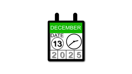 4K calendar animation December date 13 2025 illustration . black background clean and stunning 4k illustration .