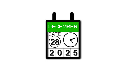 4K calendar animation December date 28 2025 illustration . black background clean and stunning 4k illustration .