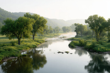 serene landscape featuring calm river flowing through lush greenery in missouri