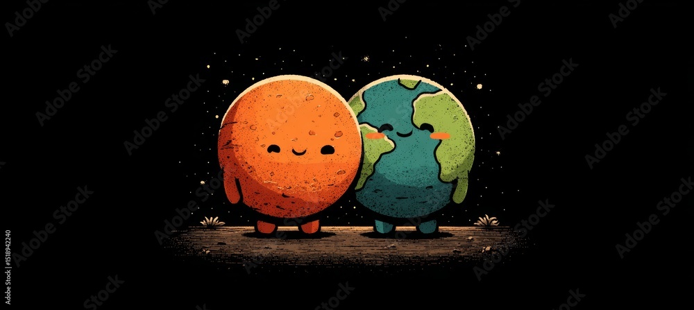 Poster mars and earth cute figure illustration. space astronomy science education. generative ai technology