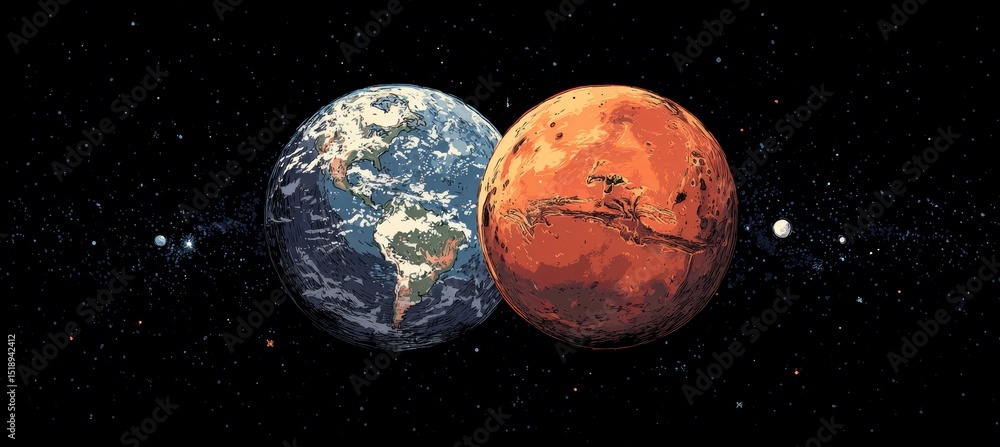 Poster earth and mars. generative ai technology.