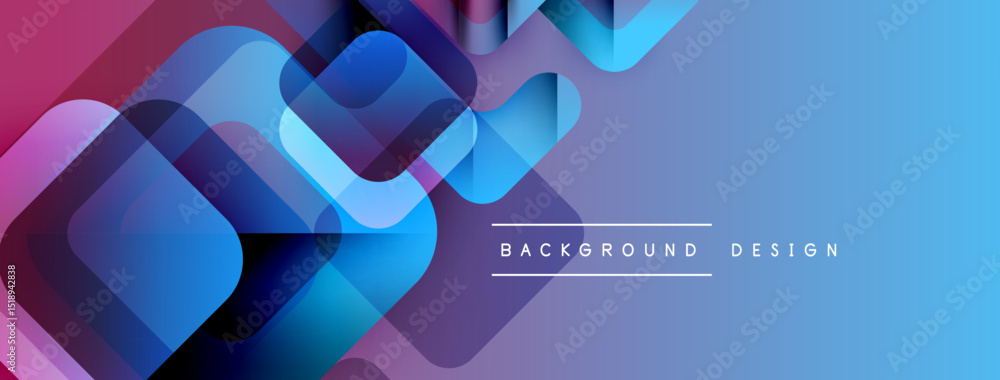 Poster Abstract geometric shapes overlap, creating vibrant blue, purple gradients. Modern design suitable for backgrounds, presentations.