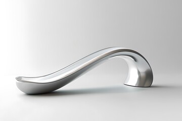 Close up of a modern silver metal spoon with curved handle on a white surface and background