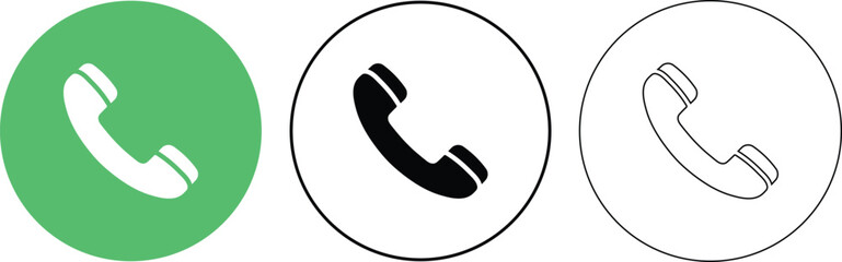 Set of three simple telephone icons in green black and outlined white inside circles