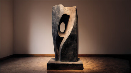 poster for public sculpture exhibition | land and figure unity | elemental dignity | dark stone and dust | grounded centrality | hollowed body | pierced torso forms | void insertion | void and mass
