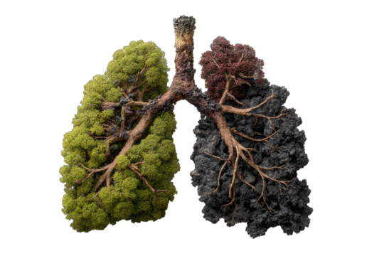 A stylized image depicting a pair of lungs, one healthy and green, the other dark and diseased, highlighting the impact of pollution