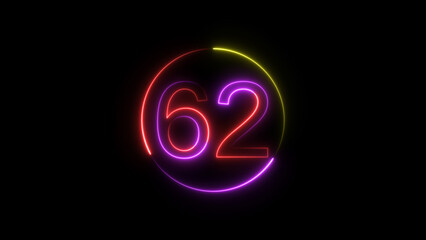 Dynamic circular and glowing neon number 62 illustration . on a black background. and creating a stunning 4k illustration .