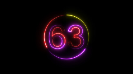 Dynamic circular and glowing neon number 63 illustration . on a black background. and creating a stunning 4k illustration .