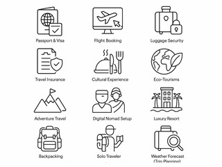 set of travel, vacation, recreation icons isolated on white background.