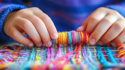 Colorful Yarn Weaving: A Child's Hands Creating a Rainbow Tapestry