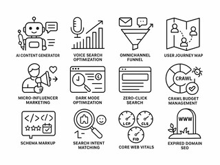 set of digital marketing, seo, network, ai icon isolated on white background