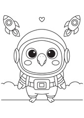 Coloring book parrot in a detailed astronaut suit and helmet