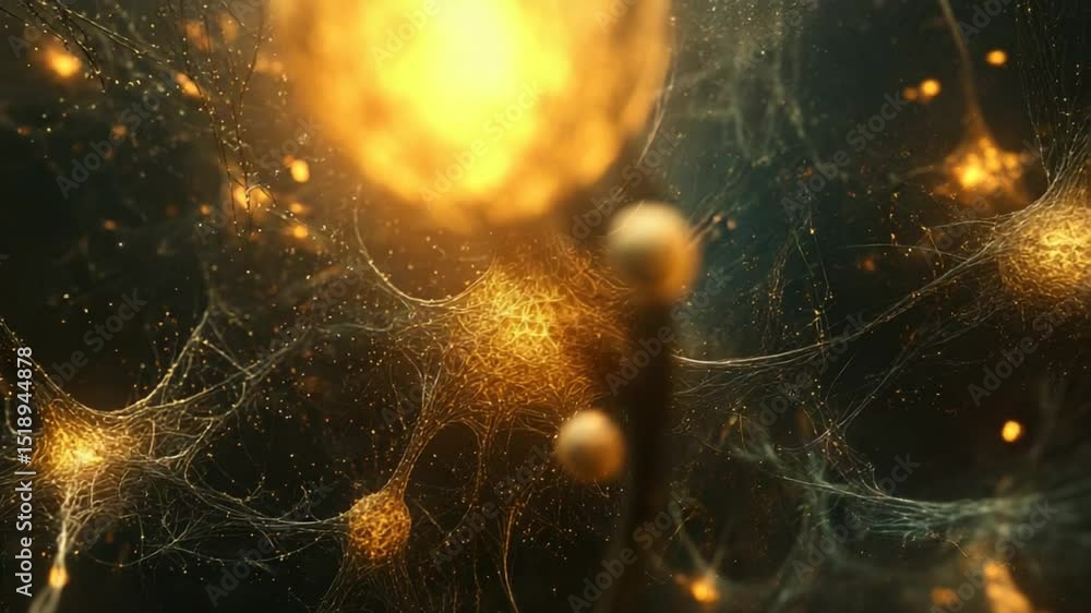 Poster visualization of neurons and synapses firing in the brain, illustrating neural networks