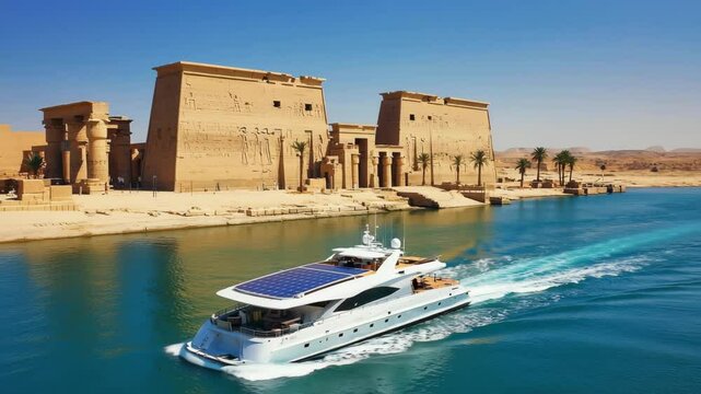 A solar-powered yacht sails on the Nile River past the Philae Temple Complex. This demonstrates responsible tourism and environmental consciousness.