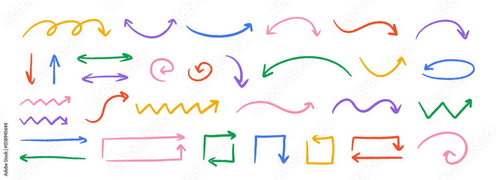 Poster hand drawn crayon arrow collection. colorful curved, zig zag and wavy doodle arrows set. charcoal sk