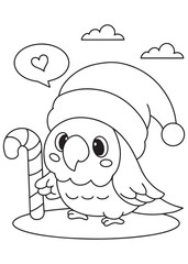 Coloring book parrot wearing a Santa hat and holding a candy cane, with a heart bubble and clouds