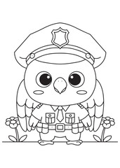 Coloring book parrot  wide-eyed and charming, dressed as a friendly police officer with badge and tie