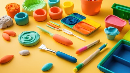 Colorful Clay Playtime: A vibrant collection of modeling clay, tools, and containers, perfect for creative expression and imaginative play.
