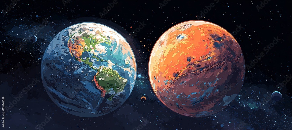 Poster earth and mars planet. space astronomy science education. generative ai technology.