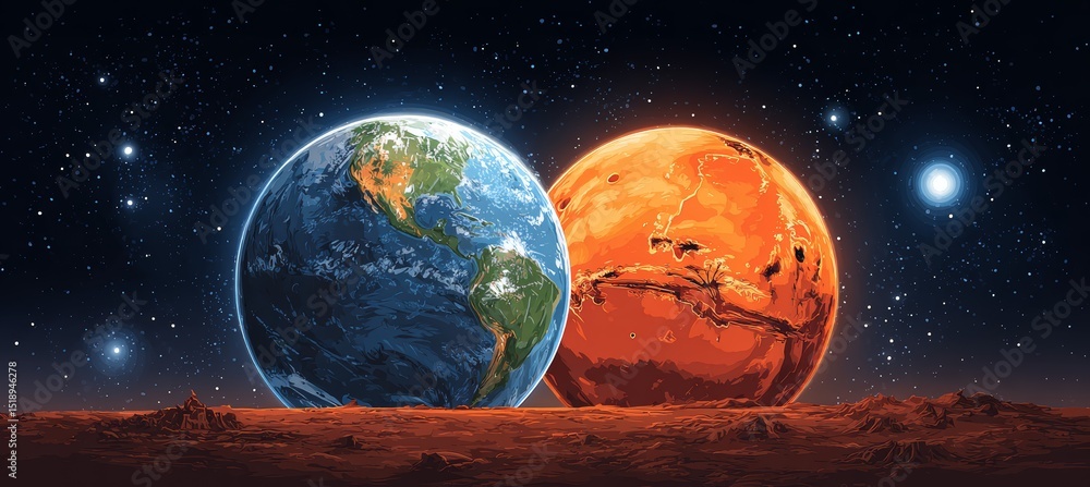 Poster twin planet. earth and mars. space astronomy science education. generative ai technology.
