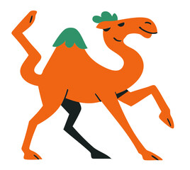 Camel illustration, colorful minimalist style, mid-century modern, childlike shapes, whimsical character design, no outlines, solid colors, stylized proportions