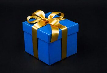 Obraz premium Elegant blue gift box with golden ribbon on a black background for celebrations