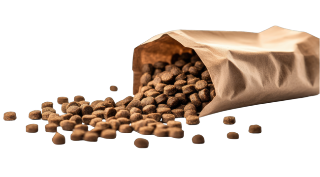 A paper bag spills its contents of dark brown, small kibble-shaped pet food onto a dark surface.  The lighting highlights the texture of the food and bag